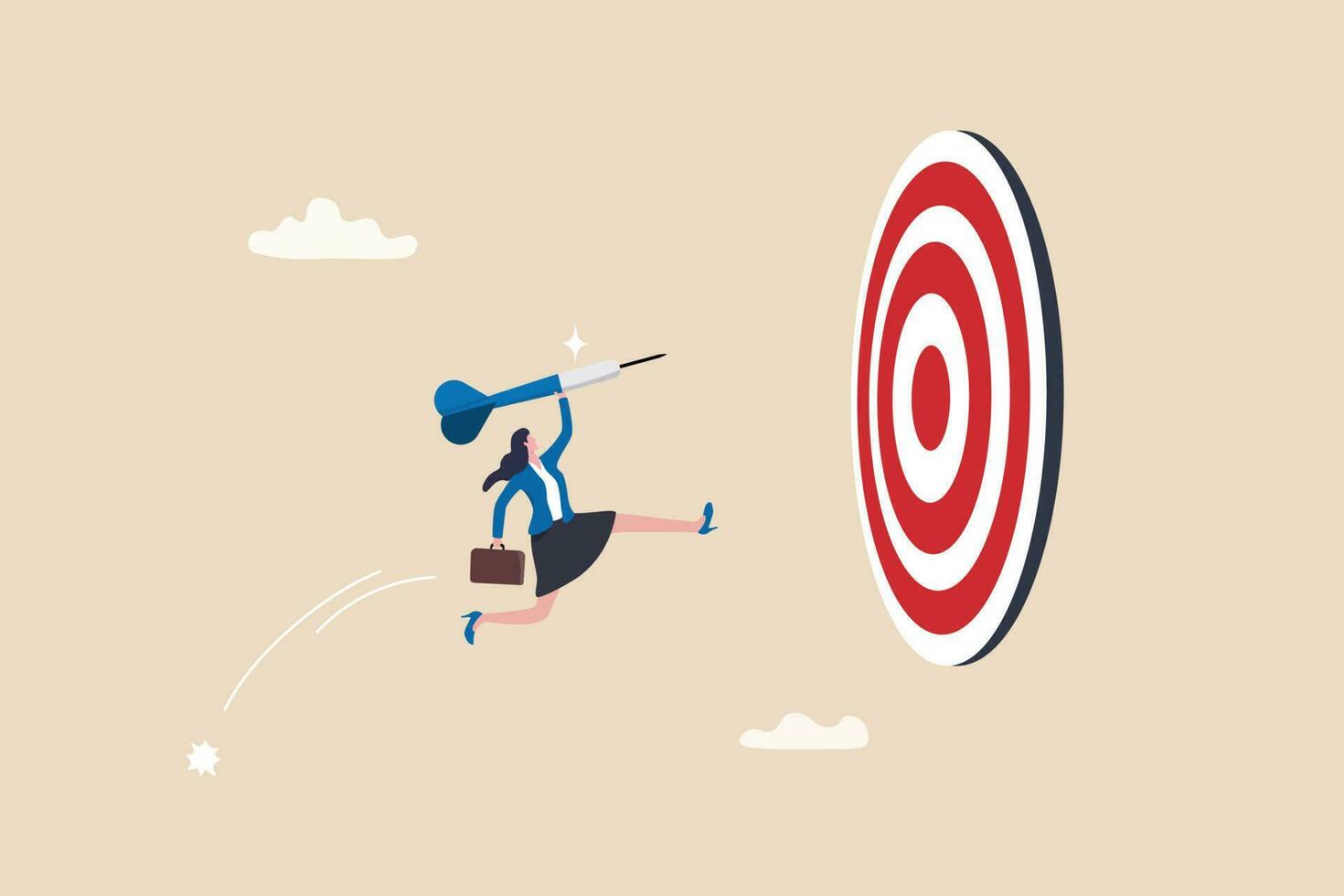 Courage or ambition to reach goal, business challenge or aiming for target, achievement, reach target bullseye, aspiration, objective or purpose concept, courage businesswoman jump to hit target. vector