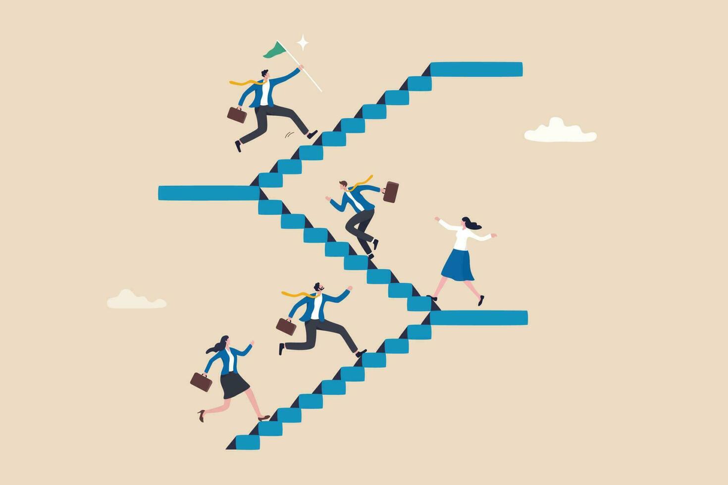 Career path or improvement, growth stair to success, job promotion or business competition, aspiration or motivation to succeed concept, business people walk up stair to next level floor to the top. vector