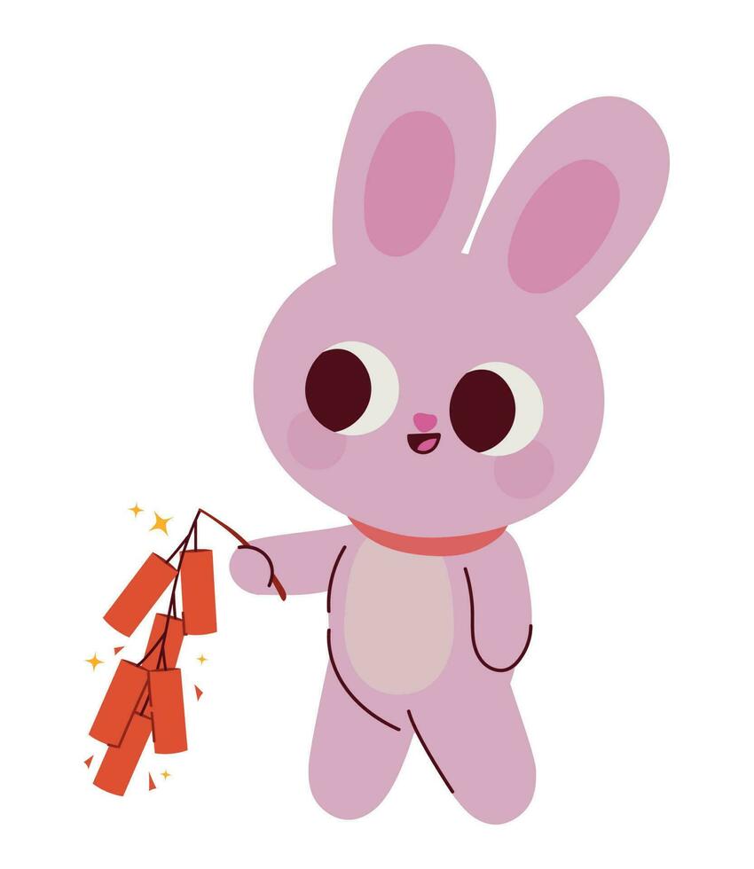 happy pink rabbit with firecracker vector