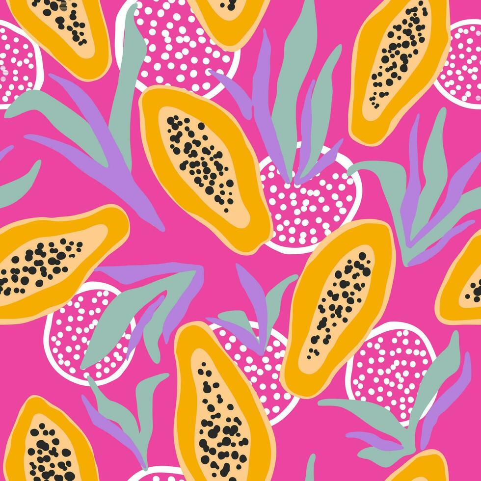 Bright papaya fruit seamless pattern. Half of papaya with leaves and abstract elements on pink background vector