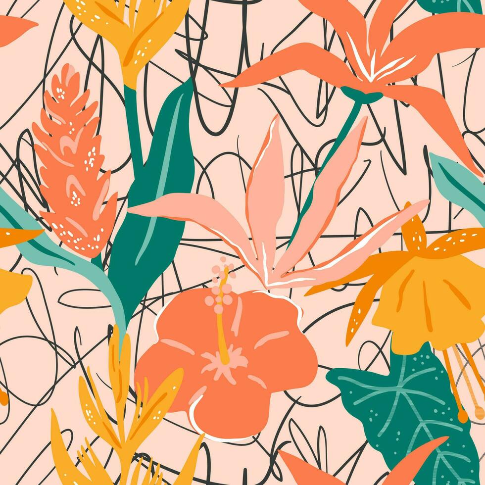 Seamless pattern with stylized tropical flowers and leaves. Abstract bright summer design vector