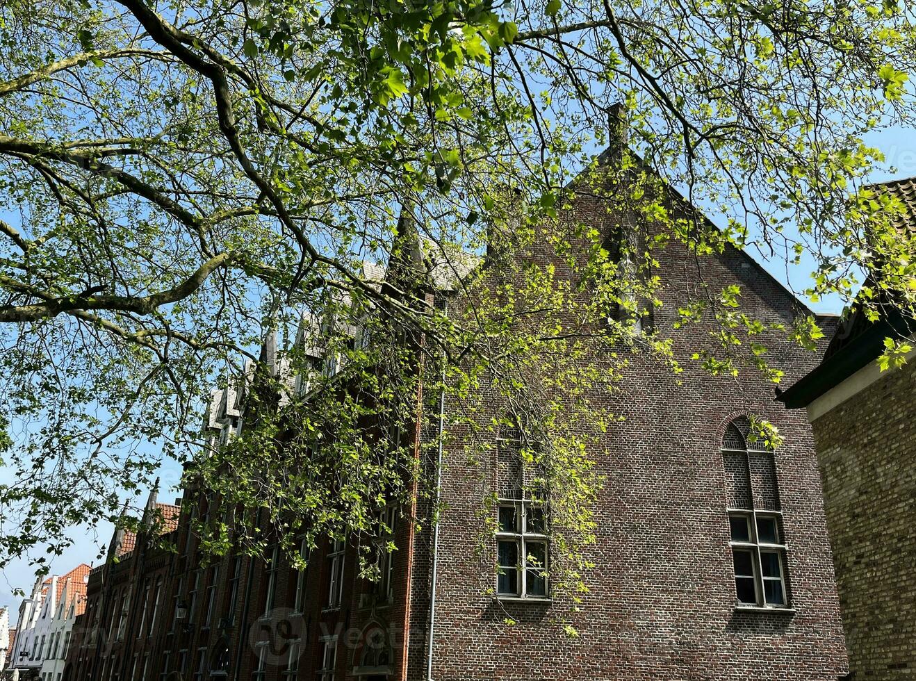 Traditional old-fashioned brick building in Minnewater park area in Brugge, Belgium, on spring sunny day, famous tourist attraction, popular landmark, classic cityscape for postcard or poster concept photo
