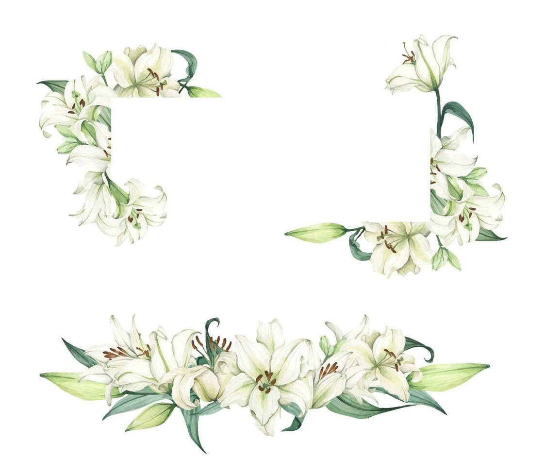 Set of White lily. Floral bouquet for wedding invitations, birthday stationery, greeting cards, scrapbooking. Watercolor illustration vector