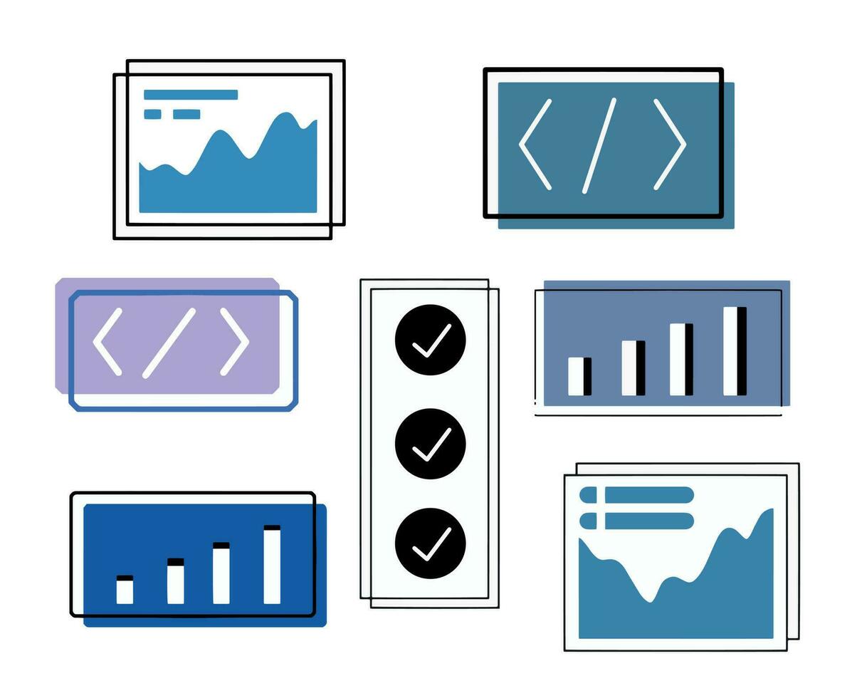 Set of UI and UX icons. Simple minimalistic elements of web design. Graph columns are curve diagrams. vector