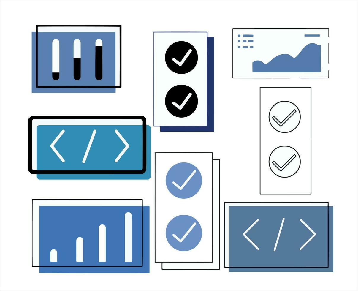 Set of UI and UX icons. Simple minimalistic elements of web design. Graph columns are curve diagrams. vector