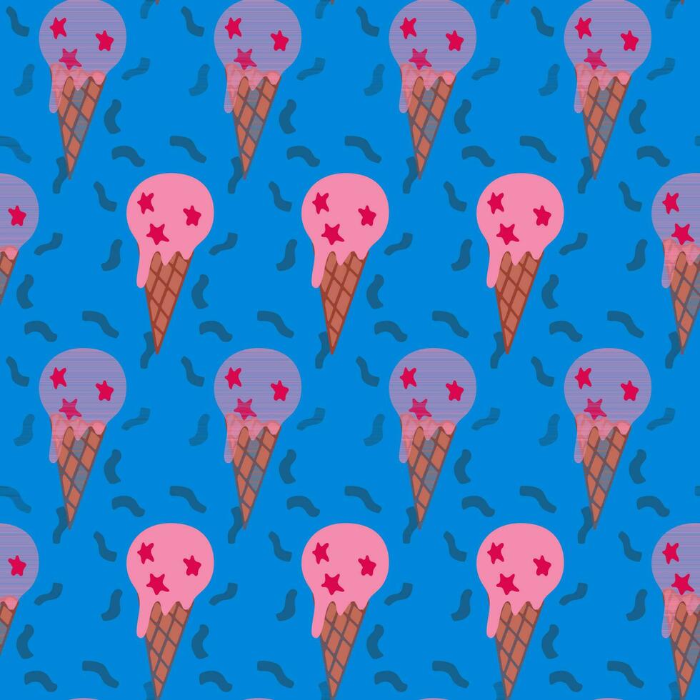 Bold minimalistic summer seamless pattern. Vector high contrast ice cream cone and confetti on blue background. Hand drawn design for party. Ideal for wrapping, background, kids textile, wallpaper