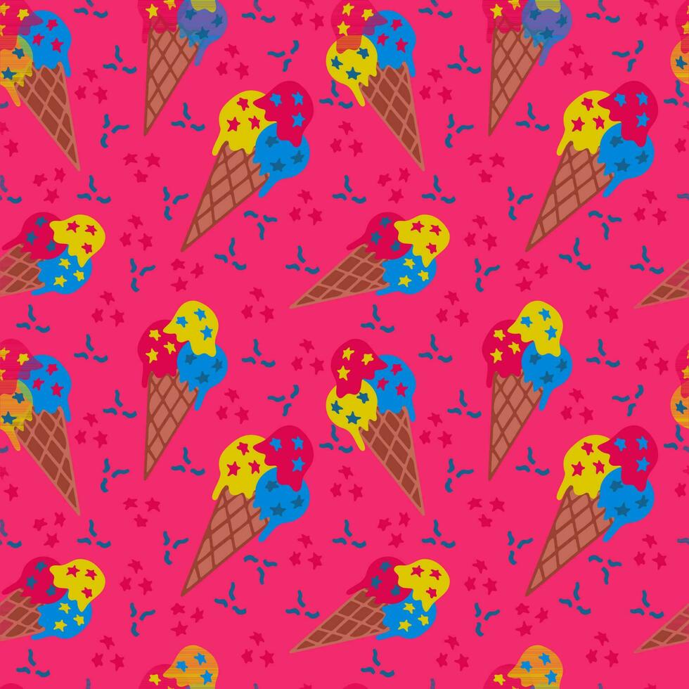 An ice cream minimalistic seamless pattern. Modern vector high contrast ice craem cones with confrtti on pink background. Perfect for wrapping paper, background, kids textile, wallpaper, poster