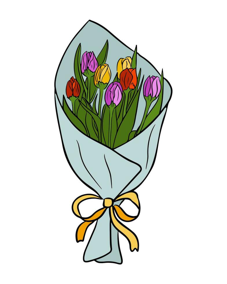 Colored bouquet of tulips in wrapping paper. Isolated flat vector illustration on white background. Floral outline composition for greeting card, invitation, background or banner.