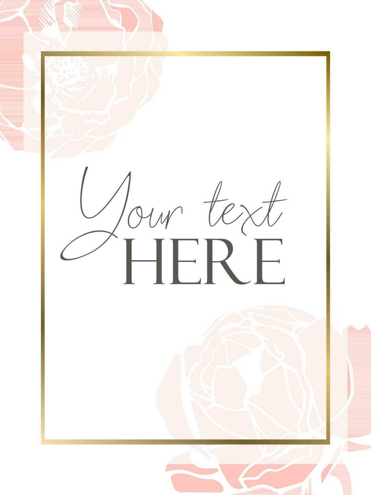 Flat style background template with pink silhouette roses on white background with golden frame vector