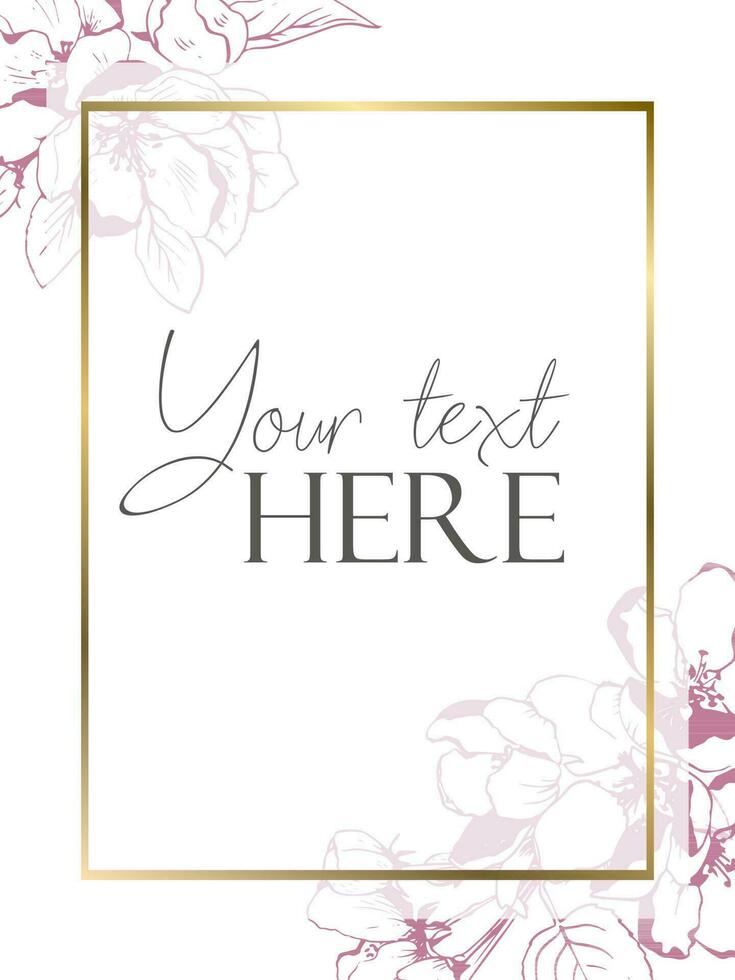 Flat style background template with apple bloom flowers on white background with golden frame vector