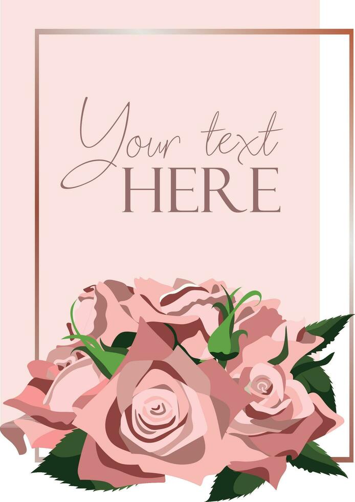 Flat style background template with pink roses bunch on pink background with rose gold frame vector