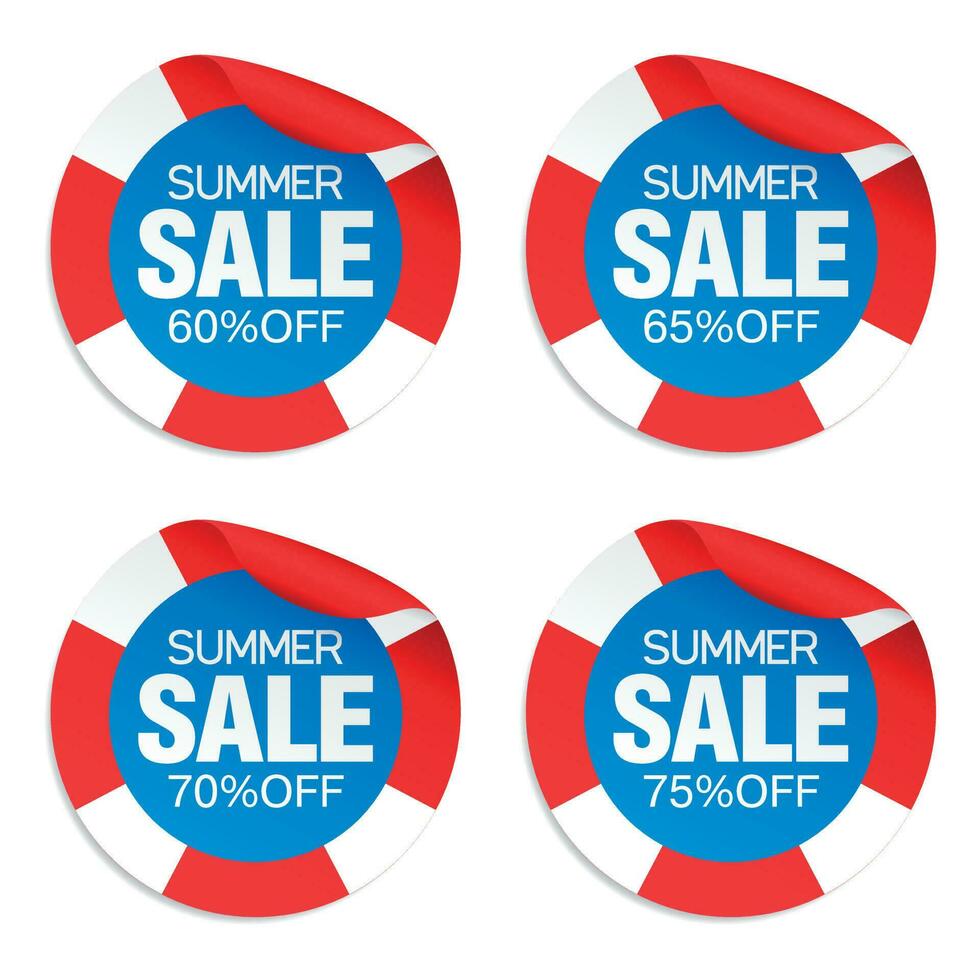 Summer sale red stickers set 60, 65, 70, 75 off discount with lifebuoy vector