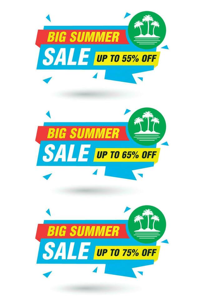 Big summer sale blue origami labels set. Sale 55, 65, 75 off discount vector