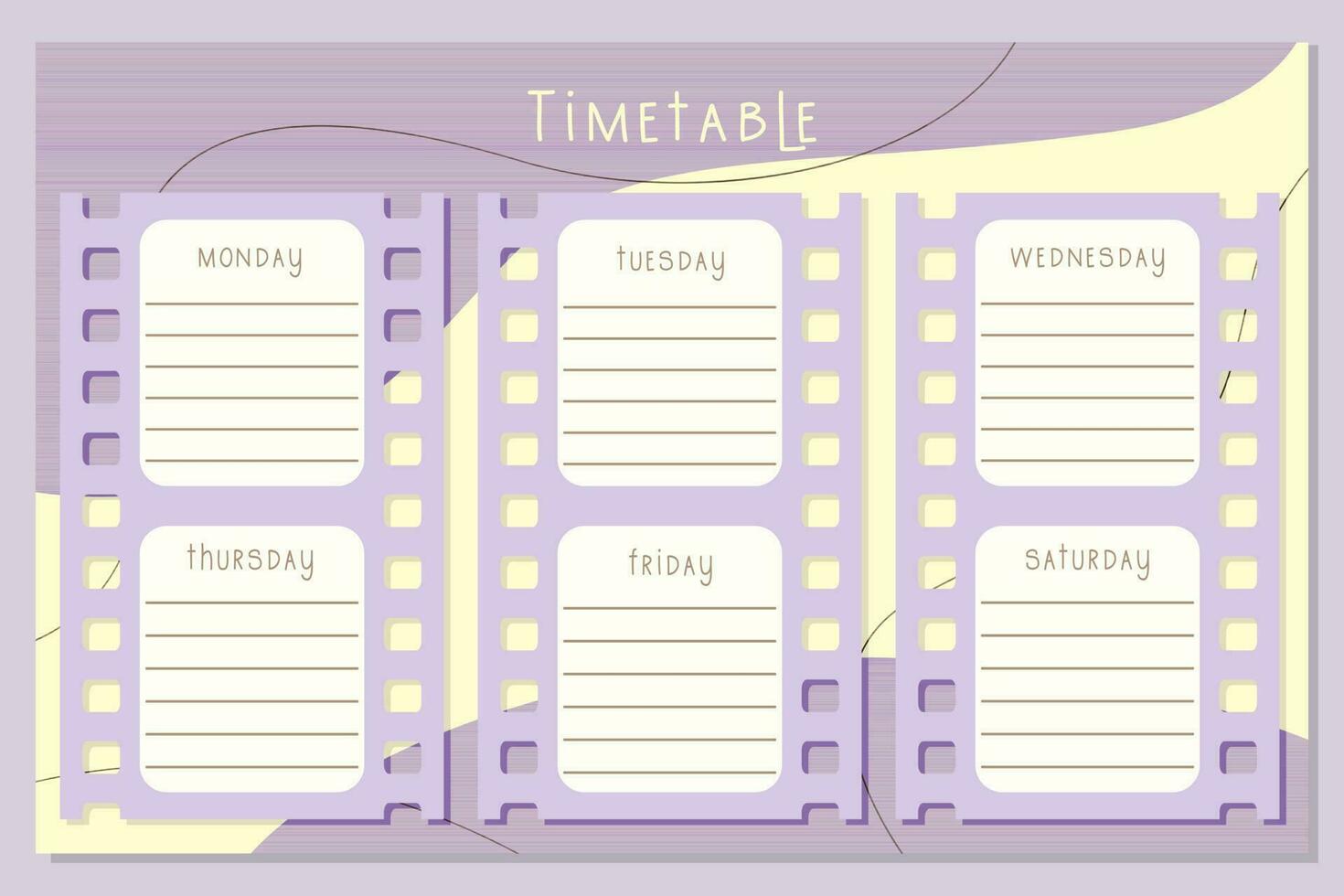 Back to school Timetable. Classroom timetable with film frame. Plan note education. Planner, table class, template. Organizer paper weekly. vector