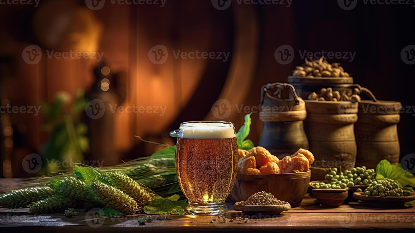 Glass of beer on wooden rustic table with hop cones created with photo