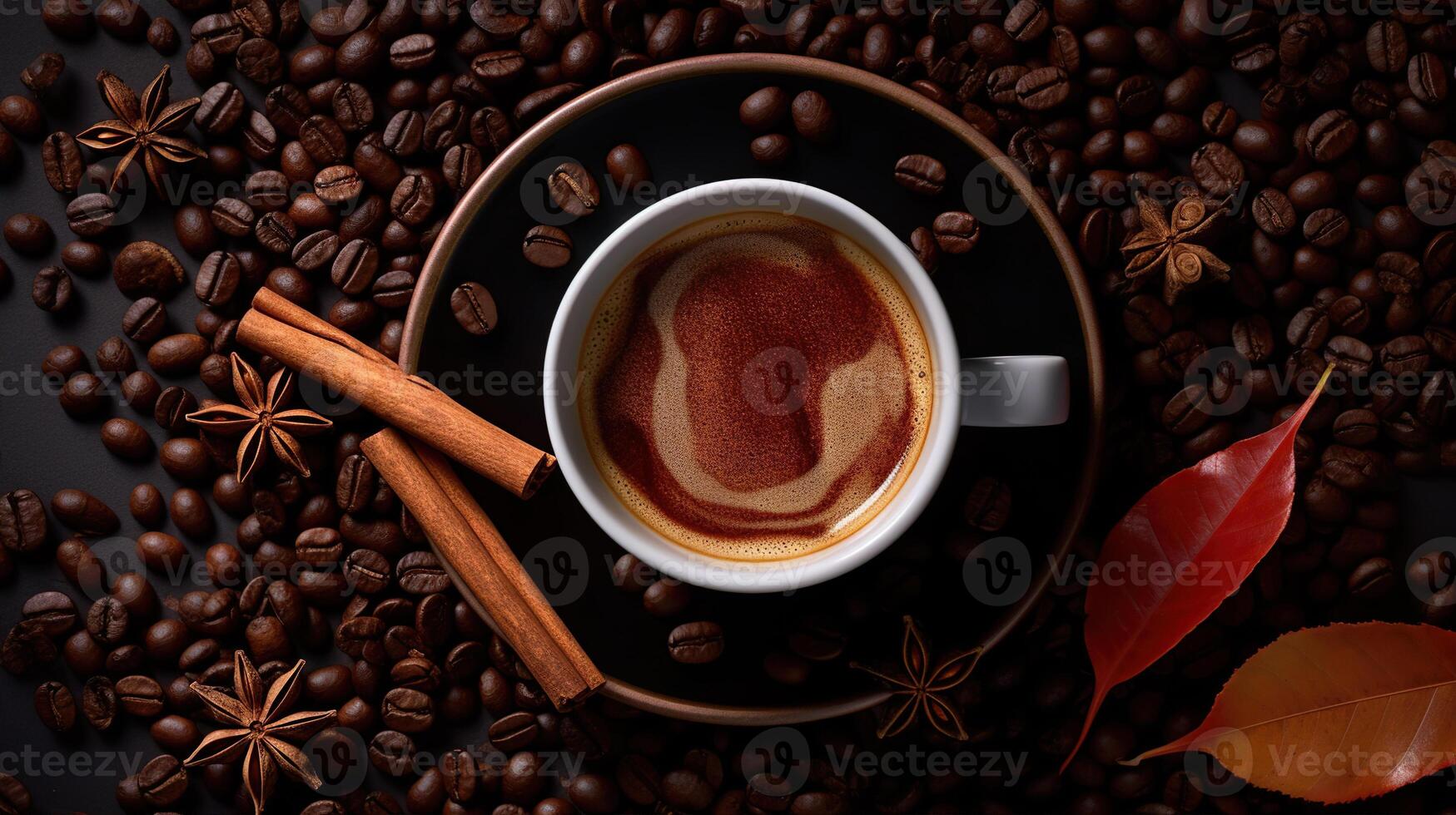 Steaming Coffee Cup with Fragrant Cinnamon and Coffee Beans. Created with photo