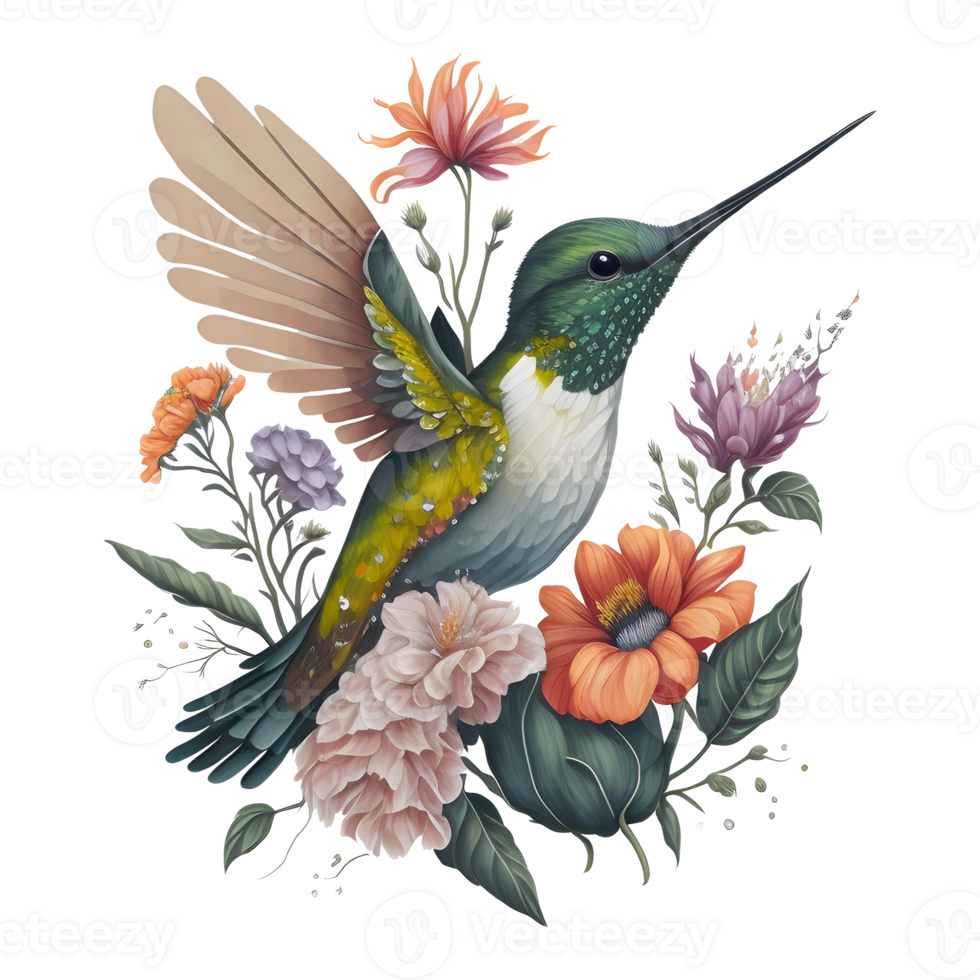 acquerello colibrì clipart, acquerello uccello colibrì floreale mano disegnato illustrazione, natura colorato trasparente arte ai generativo png