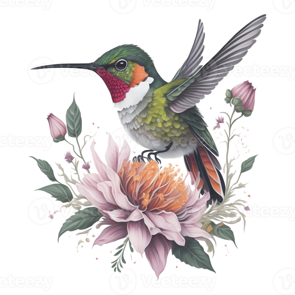 acuarela colibrí clipart, acuarela pájaro colibrí floral mano dibujado ilustración, fauna silvestre vistoso transparente Arte ai generativo png