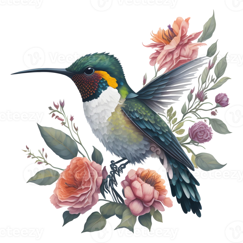 vattenfärg kolibri ClipArt, vattenfärg fågel kolibri blommig hand dragen illustration, vilda djur och växter färgrik transparent konst ai generativ png