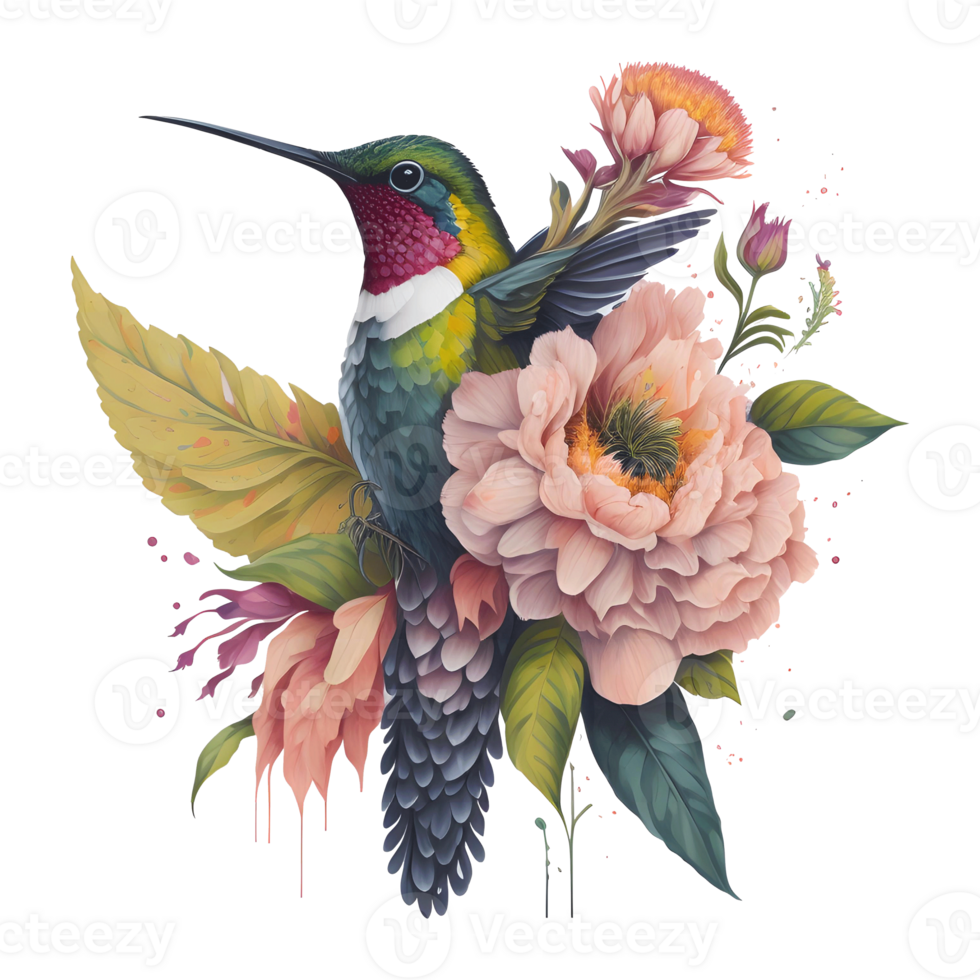 vattenfärg kolibri ClipArt, vattenfärg fågel kolibri blommig hand dragen illustration, vilda djur och växter färgrik transparent konst ai generativ png