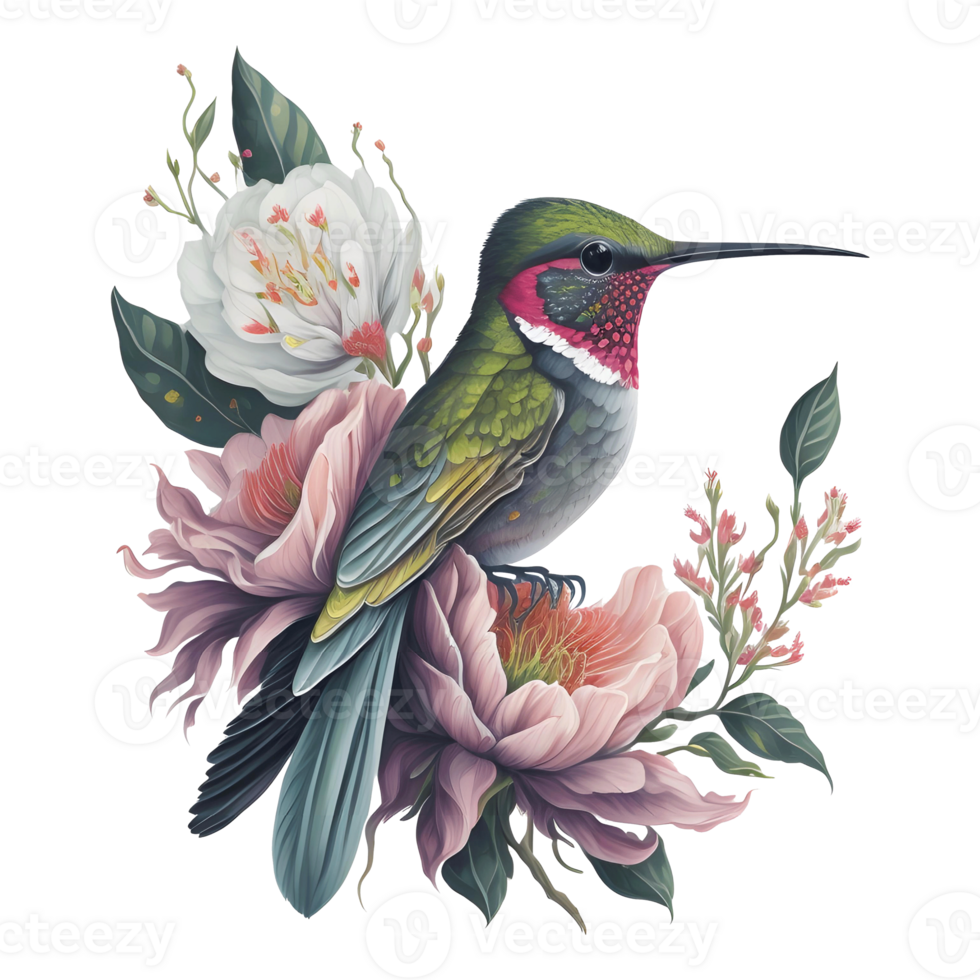 acuarela colibrí clipart, acuarela pájaro colibrí floral mano dibujado ilustración, fauna silvestre vistoso transparente Arte ai generativo png