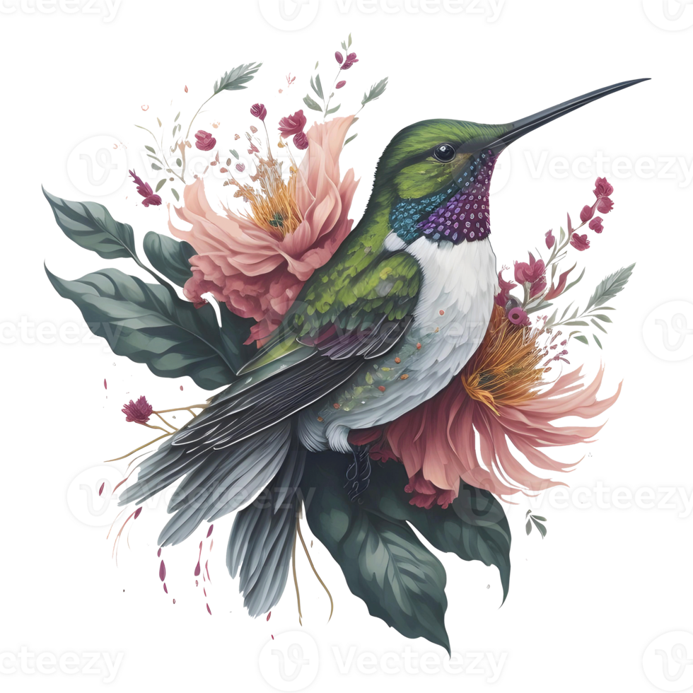 acuarela colibrí clipart, acuarela pájaro colibrí floral mano dibujado ilustración, fauna silvestre vistoso transparente Arte ai generativo png