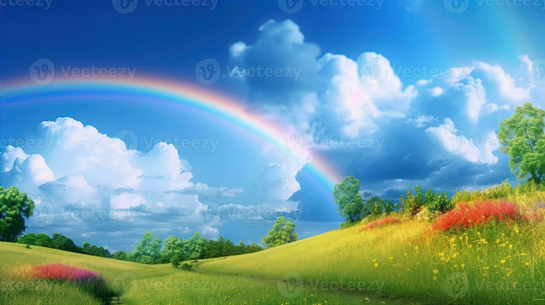 Beautiful landscape with green grass field and lone tree in the background amazing rainbow. Created with Generative AI photo