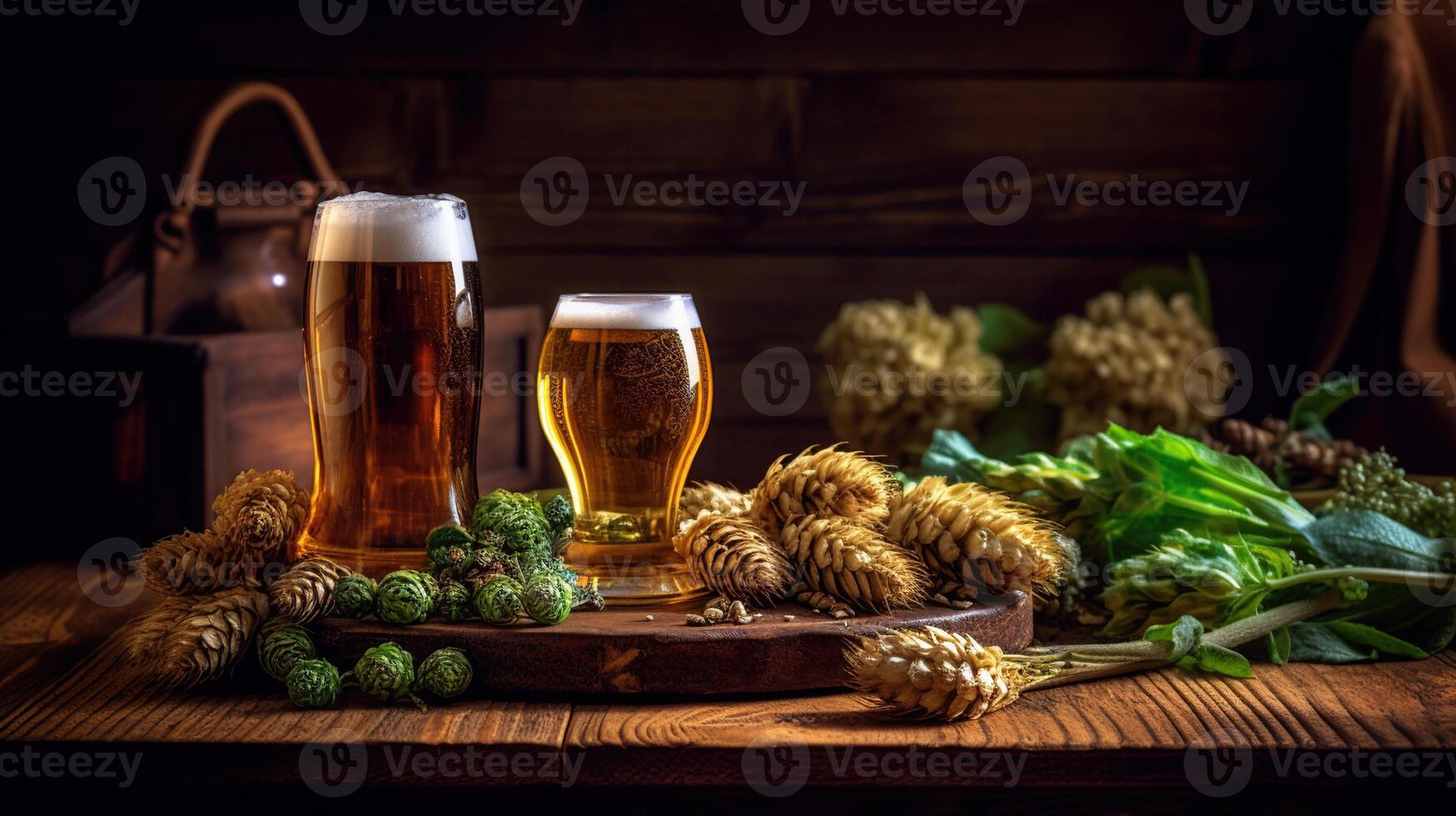 Glass of beer on wooden rustic table with hop cones created with photo