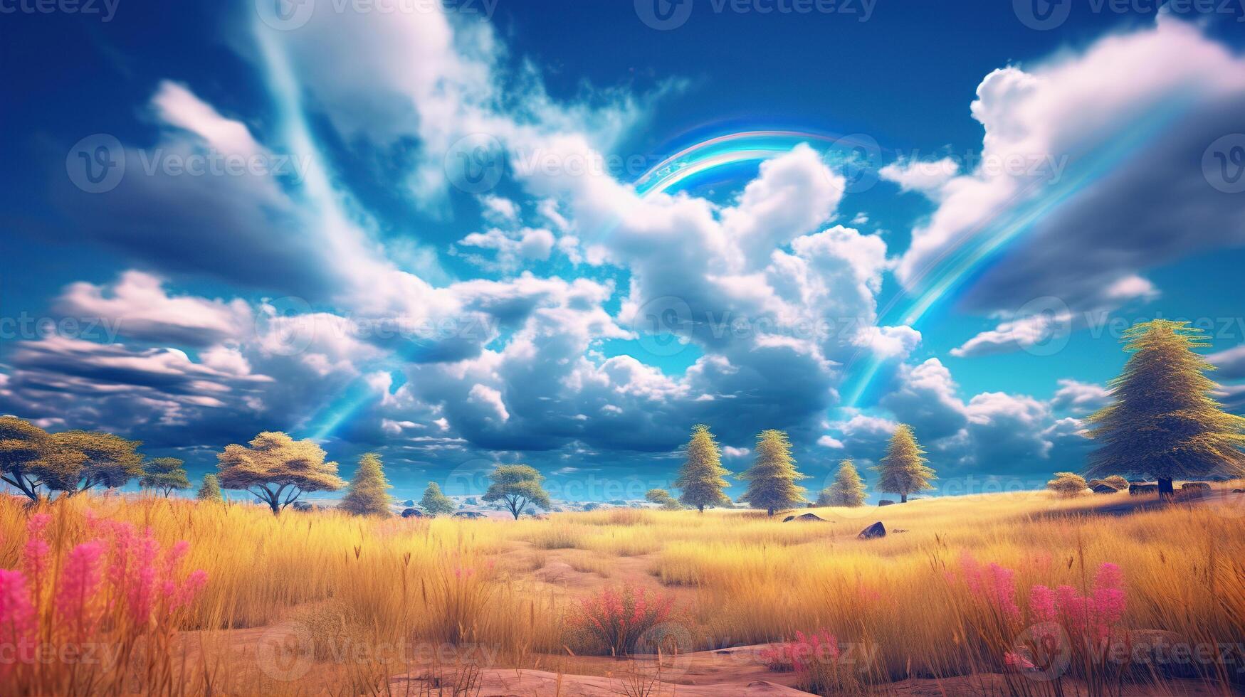 Beautiful landscape with green grass field and lone tree in the background amazing rainbow. Created with photo