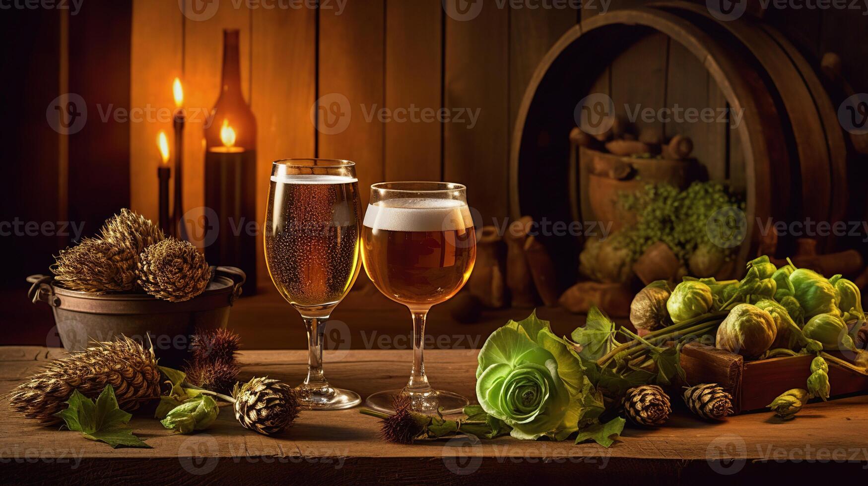 Glass of beer on wooden rustic table with hop cones created with photo