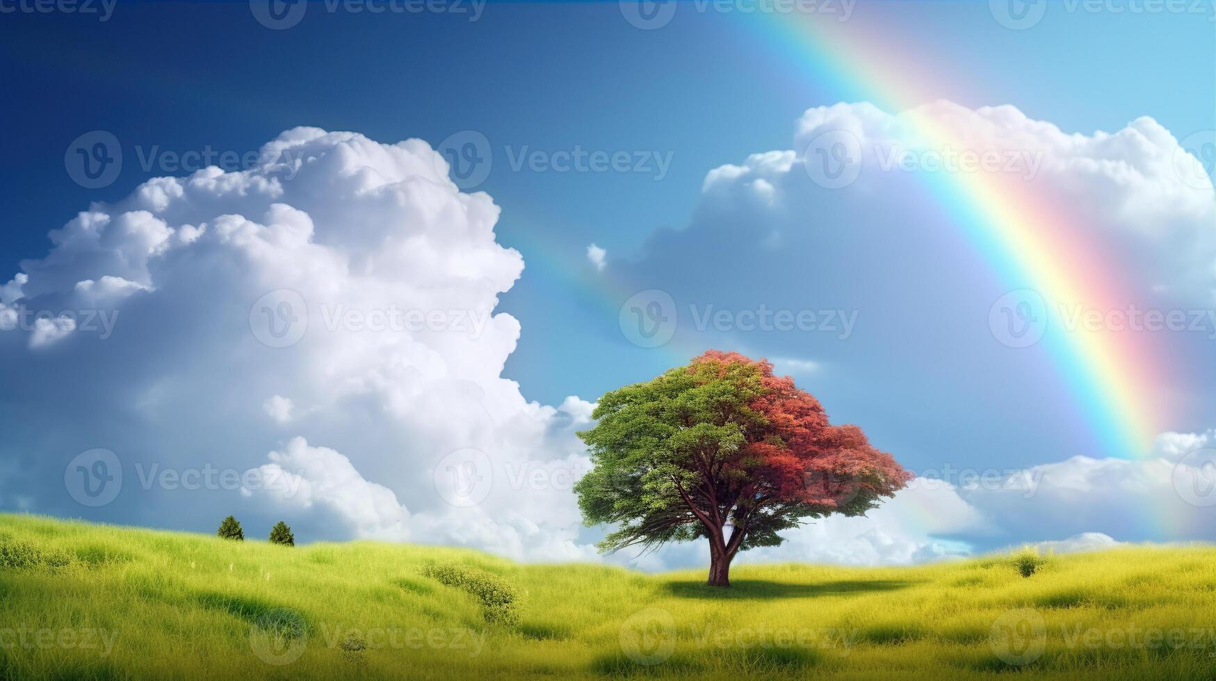 Beautiful landscape with green grass field and lone tree in the background amazing rainbow. Created with photo