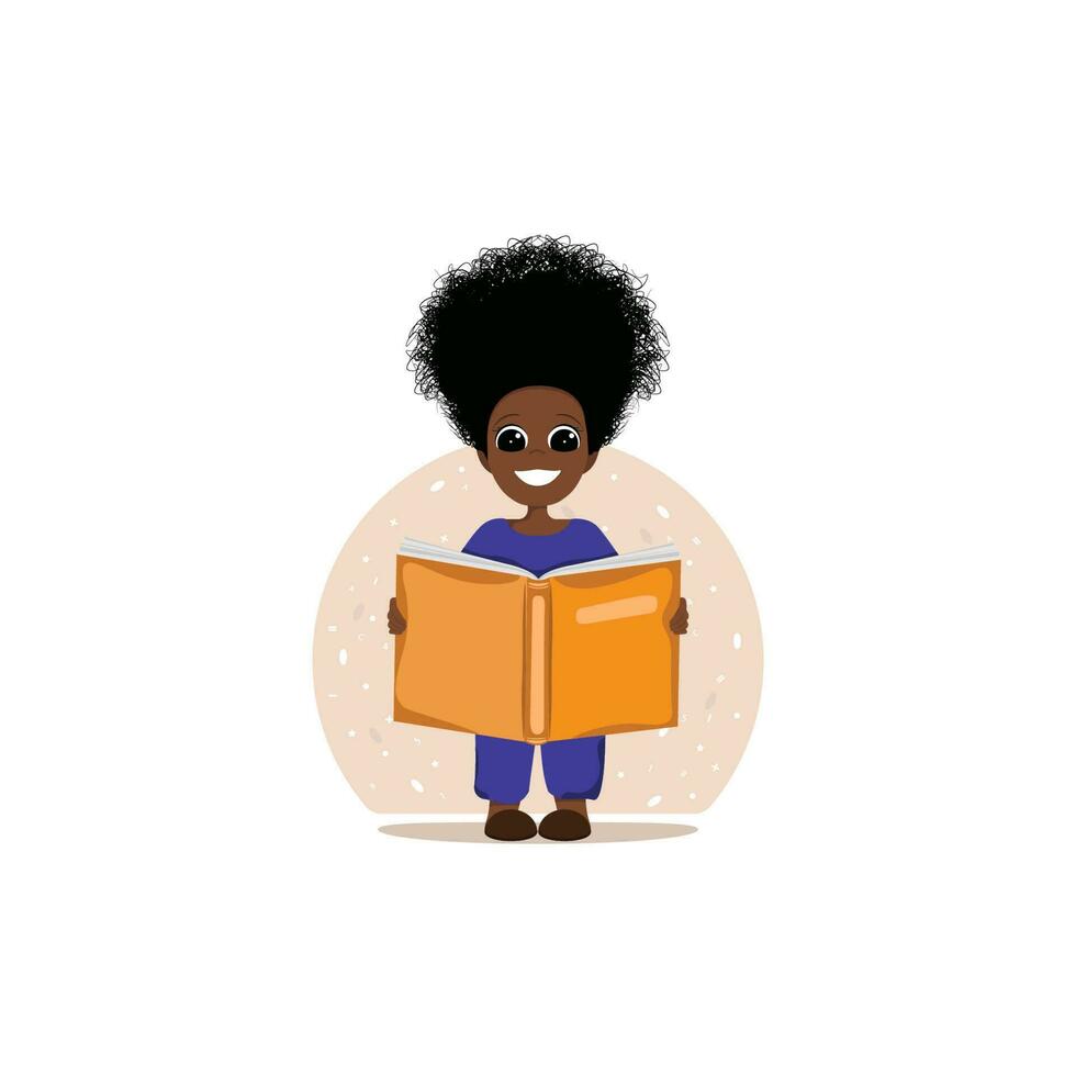 un niña con un libro en su manos. vector