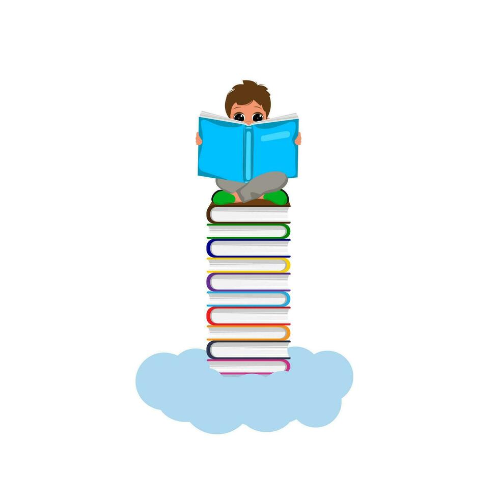 un pila de libros en un nube y un niño leyendo un libro mientras sesión. vector