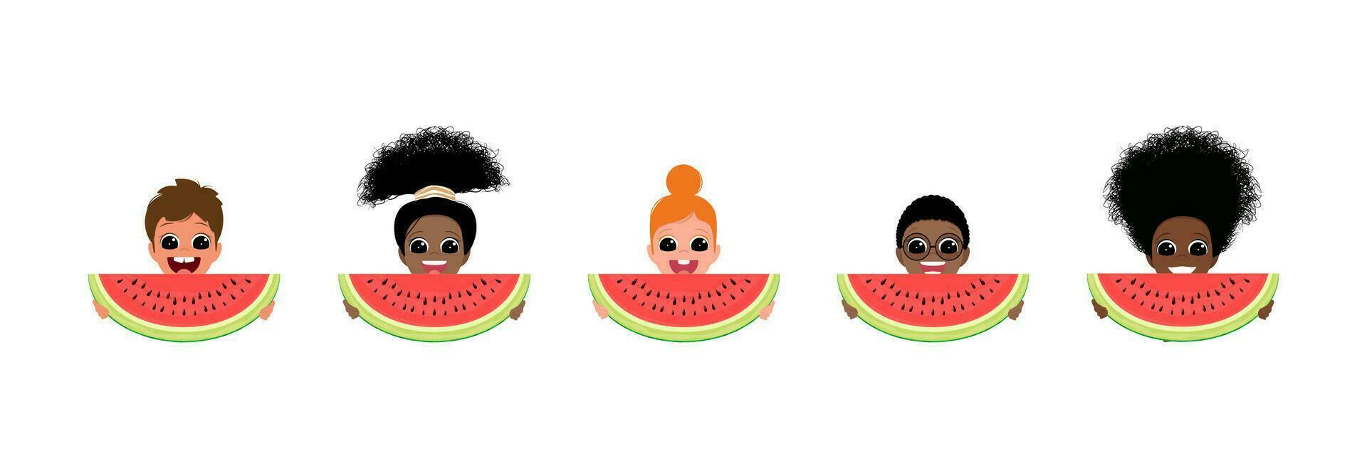 Children eat watermelon. vector