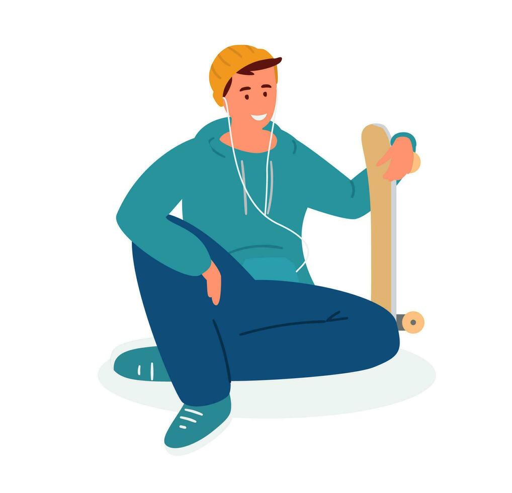 Adolescente chico sentado con patineta. plano vector ilustración.