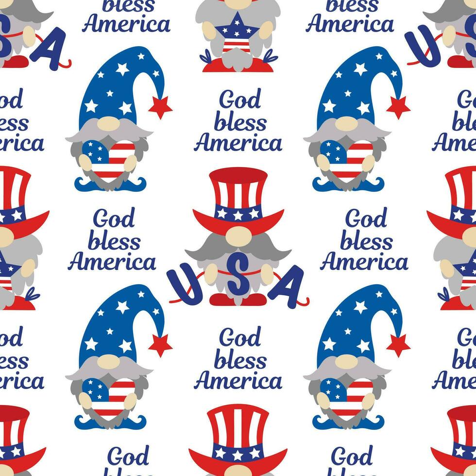 Patriotic gnomes by July 4th seamless vector pattern. Independence Day. Cute elf with a beard holding a garland, heart and star with USA flag. God bless America. Cartoon flat background for print, web