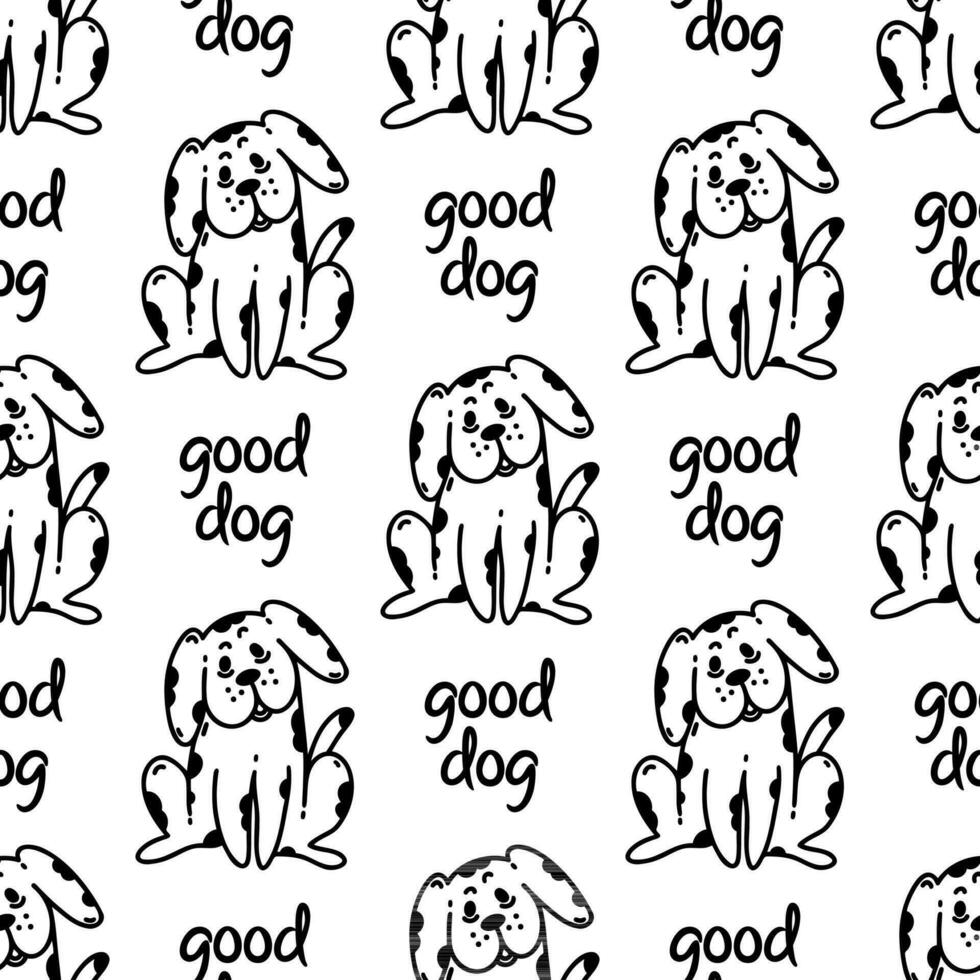 Good dog seamless vector pattern. Spotted black and white puppy looks surprised and smiles. Cute cartoon pet is sitting. Simple doodle, sketch. Background for print, posters, fabrics, packaging, web
