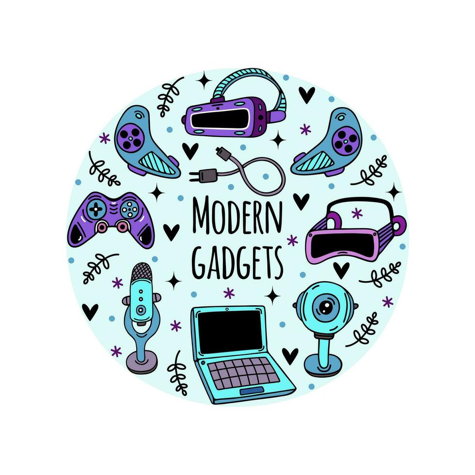 Modern gadgets vector set. Laptop, microphone, vr headset, webcam, charger, joystick. Device for video games, podcast, stream. Bright cartoon doodle. Clipart for apps, print, posters, web