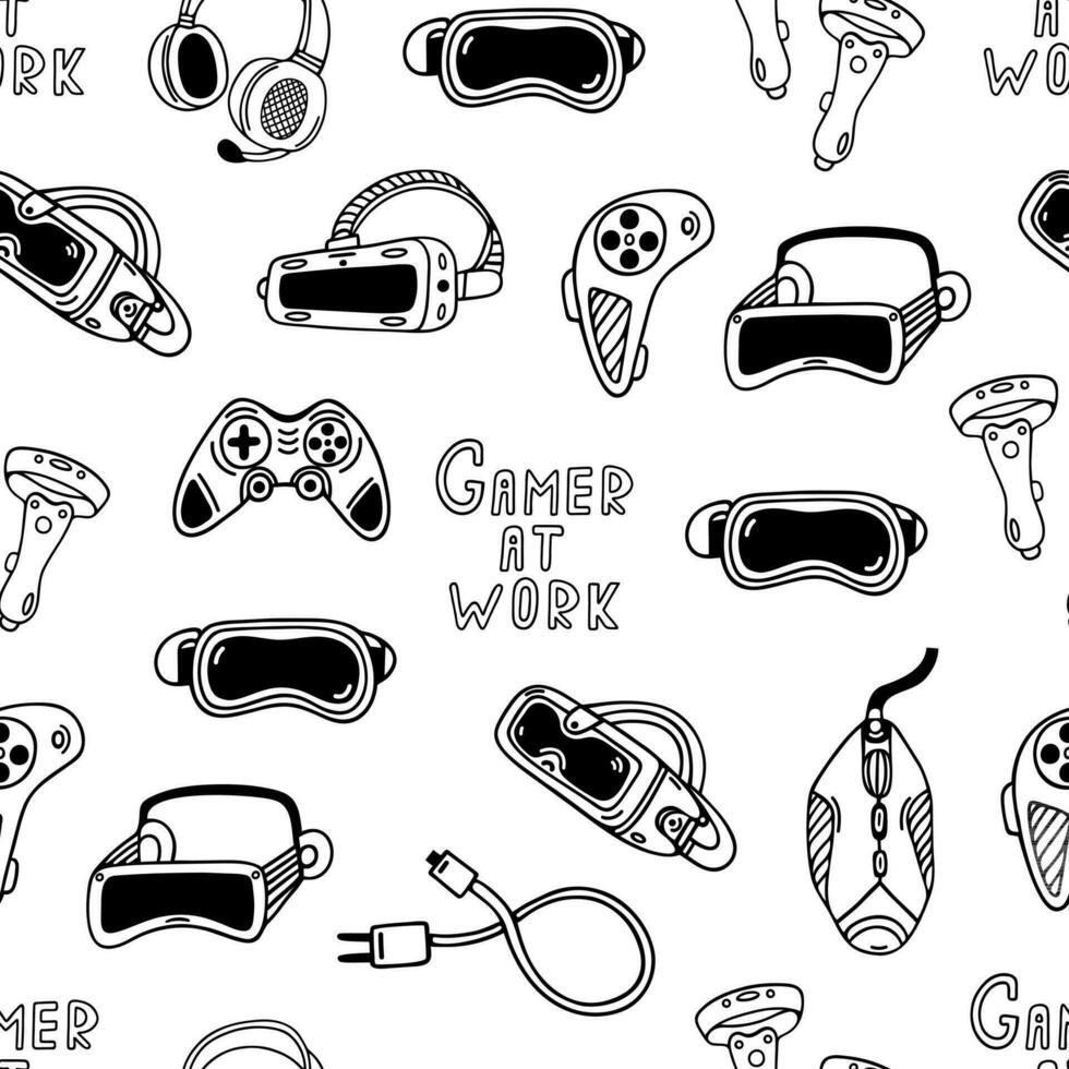 Modern gaming gadgets seamless vector pattern. VR AR headset, joystick, headphones, move controller, computer mouse. Device for video games, gamer at work. Black and white background for prints, web