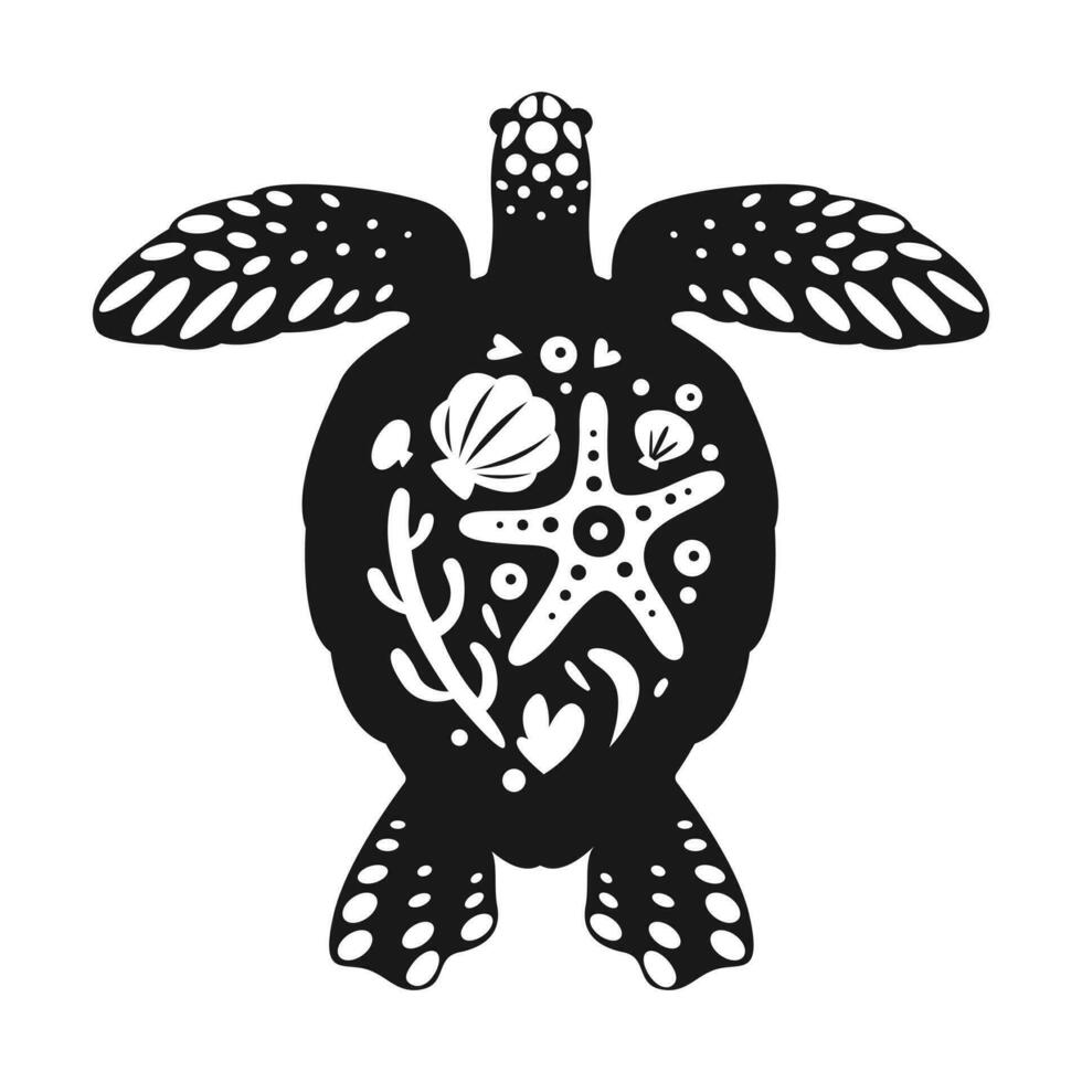 negro mar Tortuga dibujos, estrella de mar y conchas en un tortuga caparazón. vector