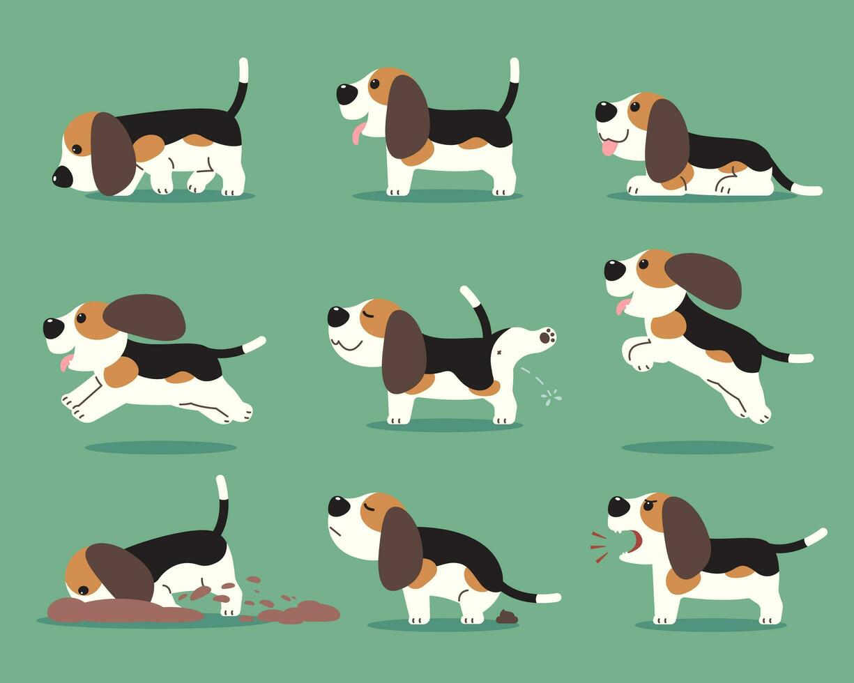 Cartoon beagle puppies in various poses. vector