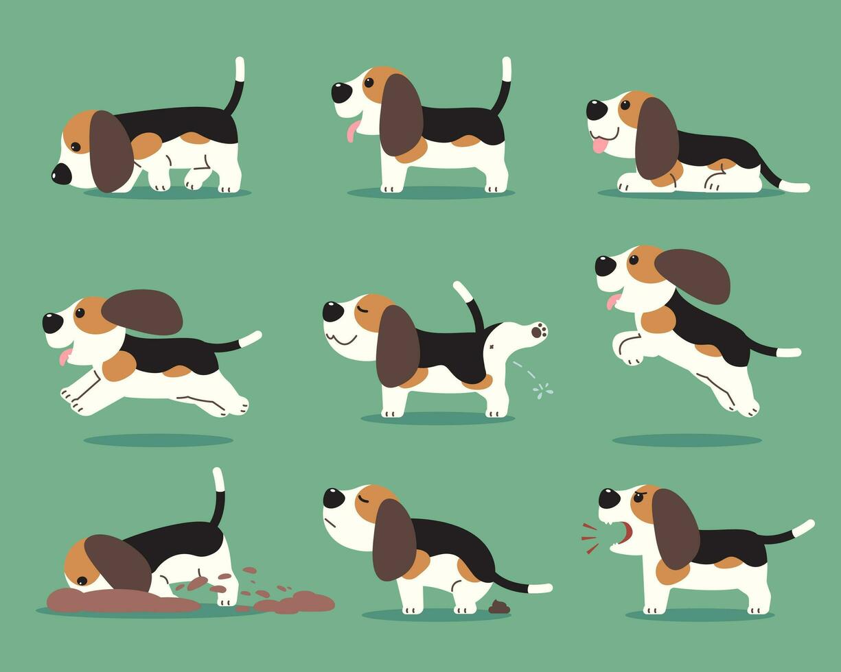 dibujos animados beagle cachorros en varios posa vector