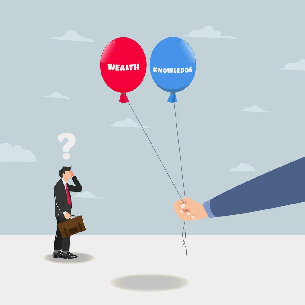 Businessman should choose red or blue balloon. Choose wealth or knowledge concept vector illustration