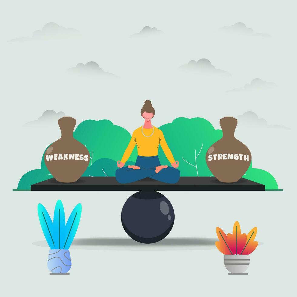 Woman meditation to balance between WEAKNESS and STRENGTH design vector illustration