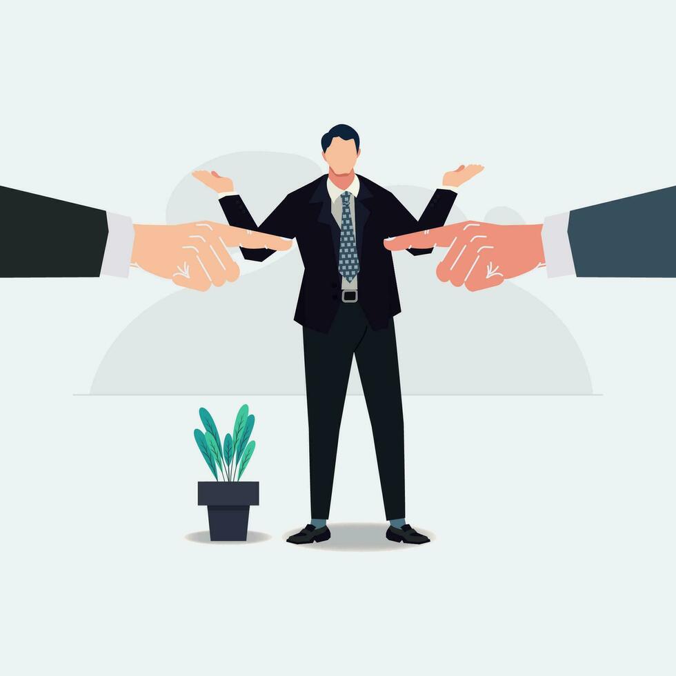 Businessman among two pointing hand. Businessman witness the conflict between two hands pointing each other vector illustration