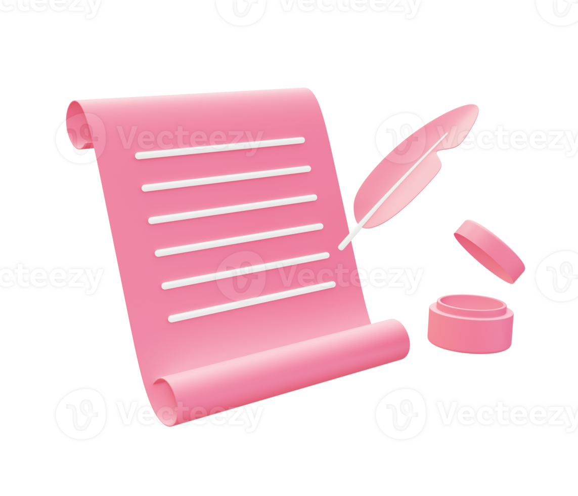 3d illustration icon of pink writing list letter with feather for UI UX web mobile app social media ads png