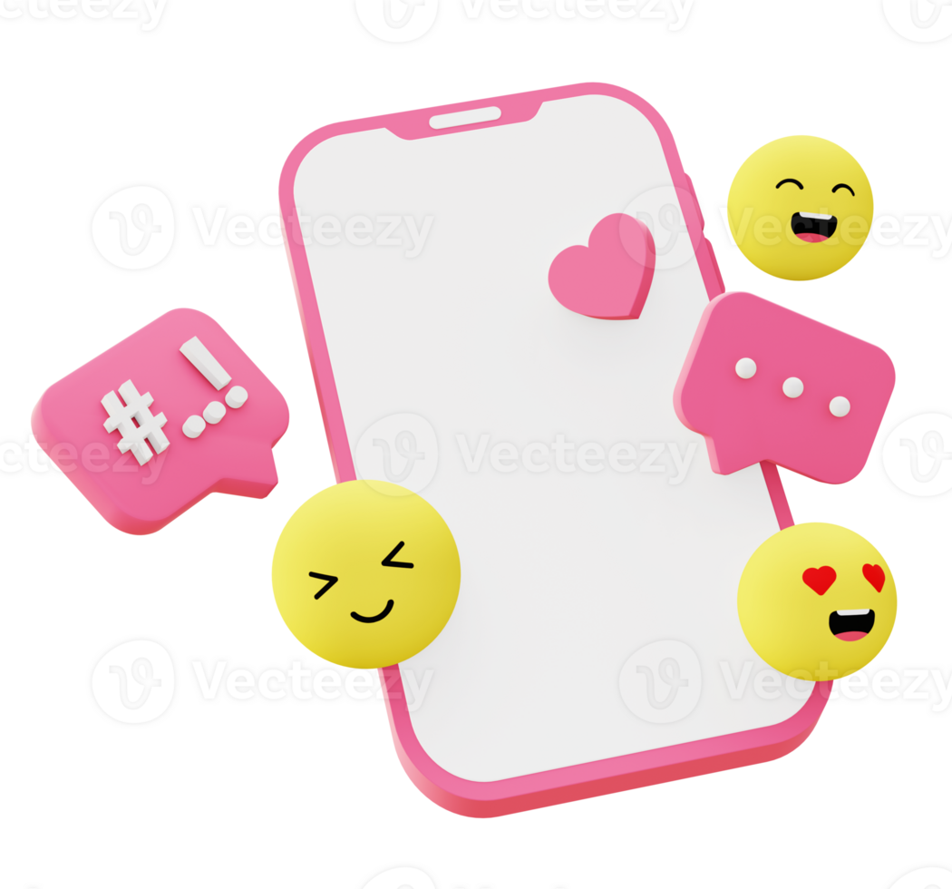 3d illustration icon of pink smartphone with emoji for UI UX web mobile app social media ads png