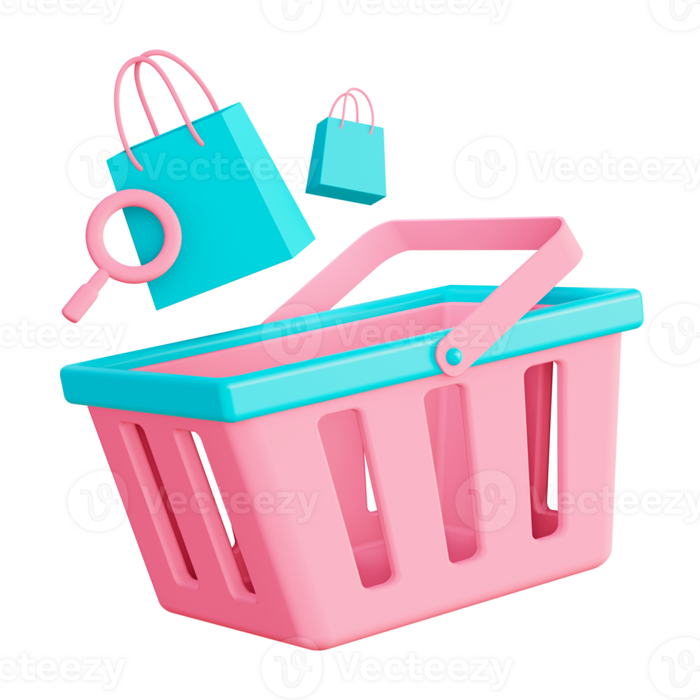 3d illustration icon of shopping basket and shopping bag for UI UX web mobile app social media ads png