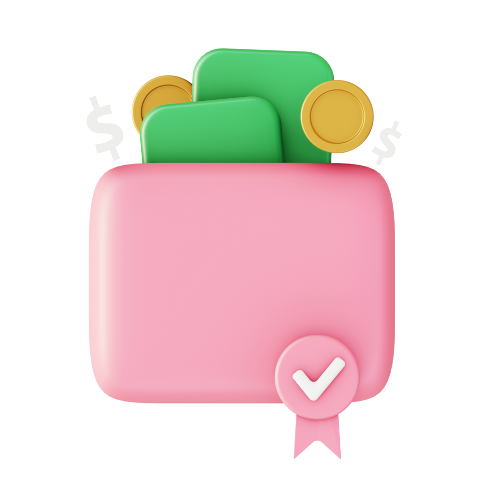 3d illustration icon of purse or wallet with money and coin for UI UX web mobile app social media ads png