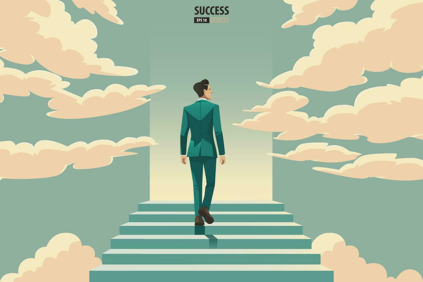 Businessman walking up and stepping the stair to success and goal achievement. Vector Illustration